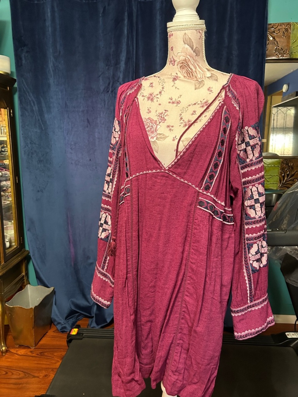 Boho Embroidered Deep burgundy Peasant Dress